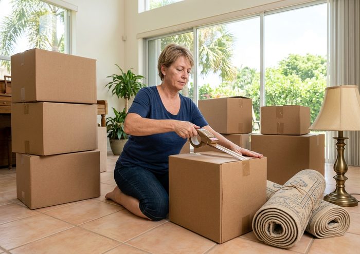 Homeowner packing moving boxes before her closing date in Fort Lauderdale